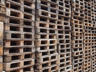 Wooden pallets for transporting goods, side view, close up