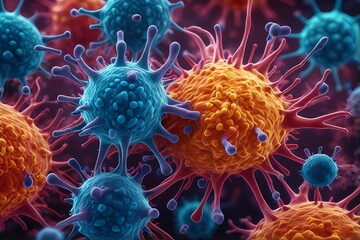 3D rendering of microscopic human and cancer cells on science day background 