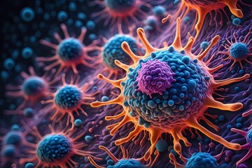 3D rendering of microscopic human and cancer cells on science day background 