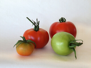 Four tomatoes - ripe, unripe and something in between