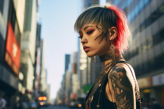 Generative ai stylish fashionable tattooed asiatic woman walking outdoors city