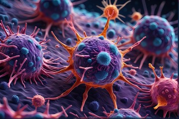 3D rendering of microscopic human and cancer cells on science day background 
