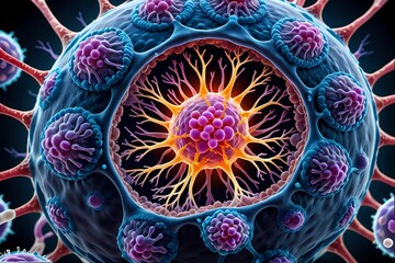 3D rendering of microscopic human and cancer cells on science day background 
