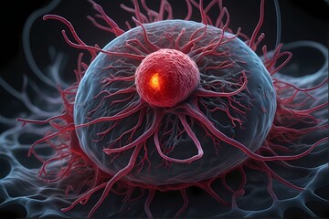 3D rendering of microscopic human and cancer cells on science day background 
