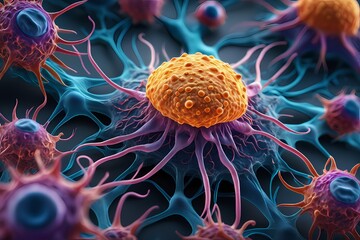 3D rendering of microscopic human and cancer cells on science day background 
