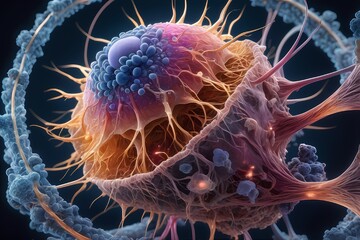 3D rendering of microscopic human and cancer cells on science day background 
