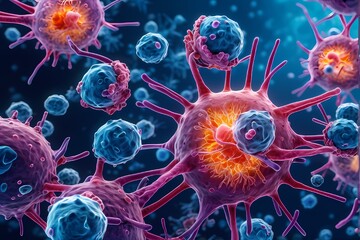 3D rendering of microscopic human and cancer cells on science day background 
