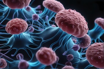 3D rendering of microscopic human and cancer cells on science day background 
