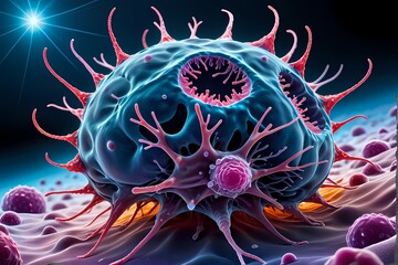 3D rendering of microscopic human and cancer cells on science day background 
