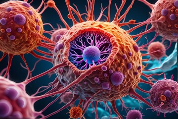 3D rendering of microscopic human and cancer cells on science day background 
