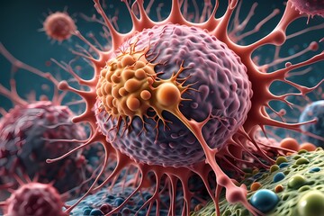 3D rendering of microscopic human and cancer cells on science day background 
