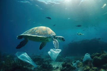 Ocean pollution with plastic: a plastic bag floating underwater amidst fish, turtle and coral. A distressing depiction of the environmental threat posed by plastic waste to marine ecosystems