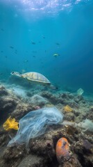 Obraz premium Ocean pollution with plastic: a plastic bag floating underwater amidst fish, turtle and coral. A distressing depiction of the environmental threat posed by plastic waste to marine ecosystems
