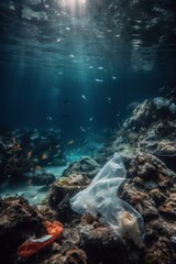Obraz premium Ocean pollution with plastic: a plastic bag floating underwater amidst fish, turtle and coral. A distressing depiction of the environmental threat posed by plastic waste to marine ecosystems
