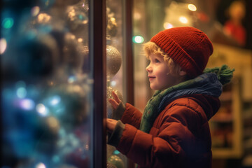 A young boy gazes at the window display of a Christmas toy shop, filled with wonder and excitement