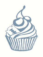 Vector drawing. Cake with cherries and razor blade