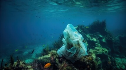 Ocean pollution with plastic: a plastic bag floating underwater amidst fish, turtle and coral. A distressing depiction of the environmental threat posed by plastic waste to marine ecosystems