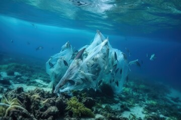 Obraz premium Ocean pollution with plastic: a plastic bag floating underwater amidst fish, turtle and coral. A distressing depiction of the environmental threat posed by plastic waste to marine ecosystems