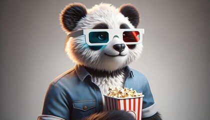 Cute panda wearing a 3D glasses and holding popcorn - obrazy, fototapety, plakaty