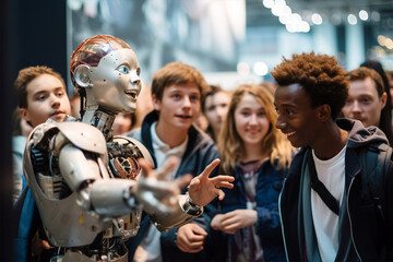 Cheerful children work at school on a technology project, create toys with artificial intelligence, robotics.