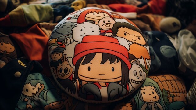 A child's adorable cap with cartoon characters, placed on a soft blanket.