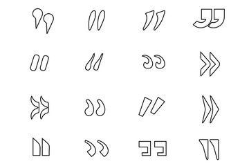 Quote mark vector set. Quotemarks outline, speech marks, inverted commas or talking marks collection. Talk bubble speech icon. Black quotes icon image and object.