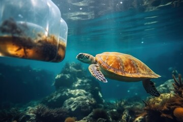 Obraz premium Ocean pollution with plastic: a plastic bag floating underwater amidst fish, turtle and coral. A distressing depiction of the environmental threat posed by plastic waste to marine ecosystems