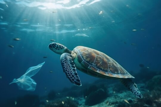 Ocean pollution with plastic: a plastic bag floating underwater amidst fish, turtle and coral. A distressing depiction of the environmental threat posed by plastic waste to marine ecosystems