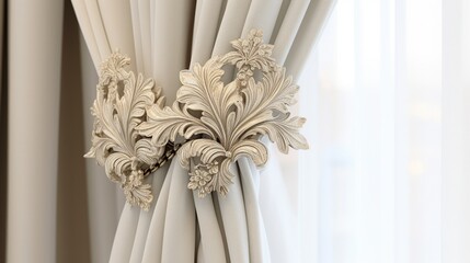 A pair of intricately detailed curtain tie-backs, their ornamental nature highlighted, displayed on a snow-white background.