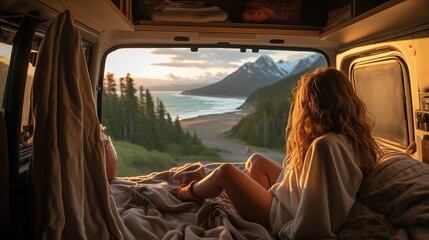 Van life avec vue depuis l'intérieur d'un van avec une jeune femme de dos avec comme paysage des montagne et la mer