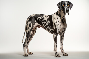 Great Dane dog standing on a white background. Animal right-side portrait.