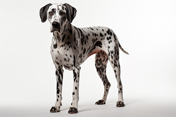 Great Dane dog standing on a white background. Animal left-side portrait.