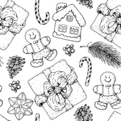 Christmas seamless pattern with gingerbread man, candy cane, house, gift box . Hand drawn. Vector illustration.