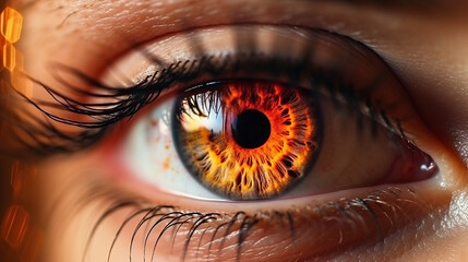Extreme close-up of a beautiful person eye in flames , burning glowing fire in the eye iris , angry...
