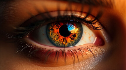 Extreme close-up of a beautiful person eye in flames , burning glowing fire in the eye iris , angry or revengeful people concept image - obrazy, fototapety, plakaty