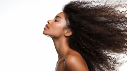 Portrait of beautiful black afro american young female model woman with beautiful afro hair in motion isolated on white background