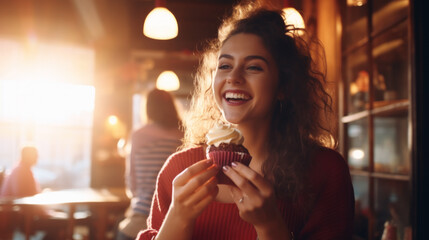 Naklejka premium Happy smiling young adult girl woman eats a cupcake inside a rustic restaurant