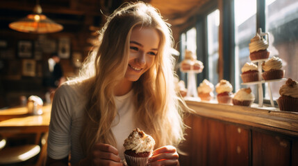 Happy smiling young adult girl woman eats a cupcake inside a rustic restaurant