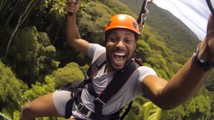 Young man engaged in a thrilling ziplining adventure through a dense rainforest canopy. He soars above the treetops, he laughter and excitement echoing through the jungle. - Powered by Adobe