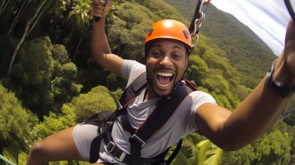 Fotobehang Young man engaged in a thrilling ziplining adventure through a dense rainforest canopy. He soars above the treetops, he laughter and excitement echoing through the jungle. © Keitma