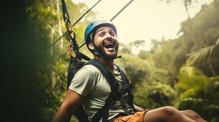 Young man engaged in a thrilling ziplining adventure through a dense rainforest canopy. He soars above the treetops, he laughter and excitement echoing through the jungle.