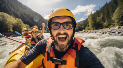 Young man on a thrilling white-water rafting expedition. He commands the raft with confidence through challenging rapids, creating an unforgettable outdoor experience with his friends. - obrazy, fototapety, plakaty