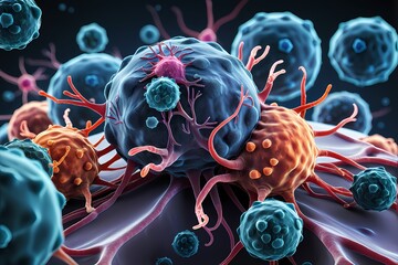 3D rendering of microscopic human and cancer cells on science day background 