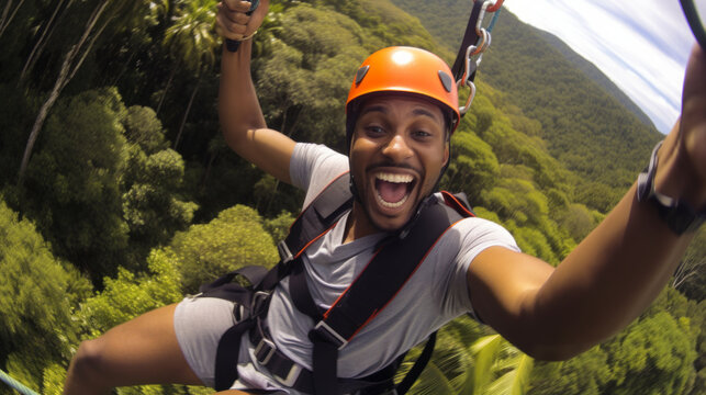 Young man engaged in a thrilling ziplining adventure through a dense rainforest canopy. He soars above the treetops, he laughter and excitement echoing through the jungle.