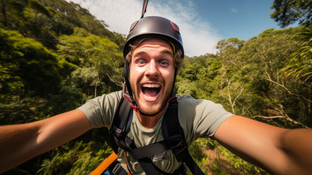 Young man engaged in a thrilling ziplining adventure through a dense rainforest canopy. He soars above the treetops, he laughter and excitement echoing through the jungle.