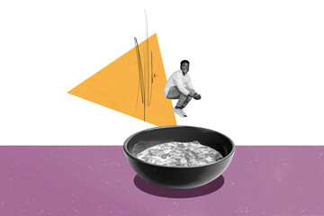 3d retro creative artwork template collage of funky impressed guy jumping huge cereal bawl isolated painting background