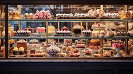 A panoramic view of a cake shop display, showcasing an array of delicious treats.