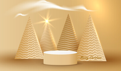 Merry Christmas card with paper pyramid trees, star sun and podium in gold design. Xmas desert sand area to display gift sale product. Happy New Year summer background.	
