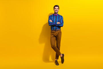 Full body photo of confident handsome man with bristle wear vintage bow tie holding arms crossed isolated on yellow color background
