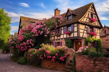 Fototapeta na wymiar Alsace, maisons alsaciennes photograph, photography, professional quality --ar 3:2 --v 5.2 Job ID: 9a4f2087-4071-40da-9eff-1538303c4c06